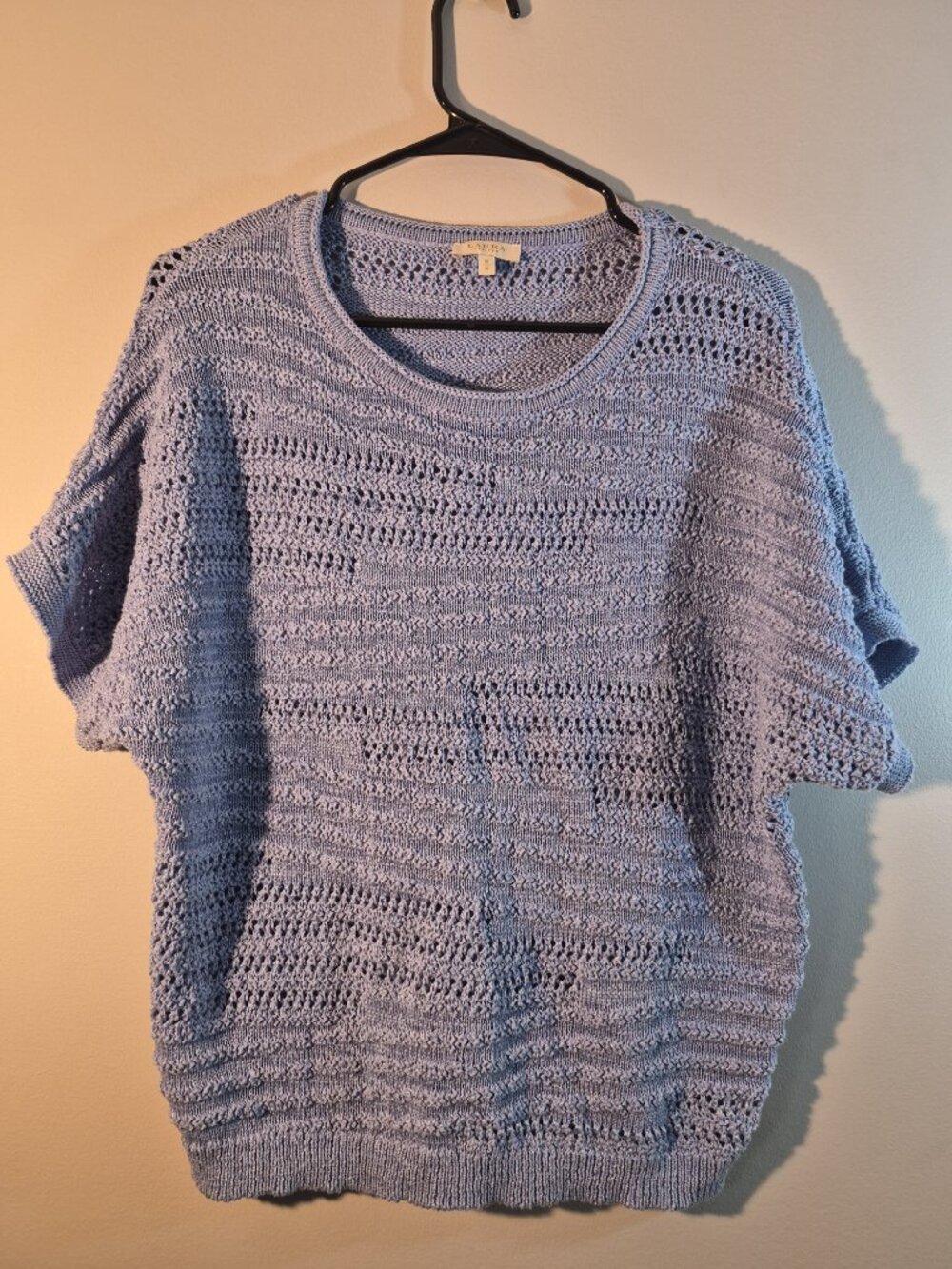 Laura Petites M Blue Open Knit Short Sleeve Sweater Spring Lightweight